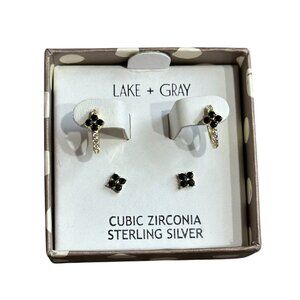 NEW Lake + Gray Sterling Silver Black + Gold Clover Dangle + Post Earring Set